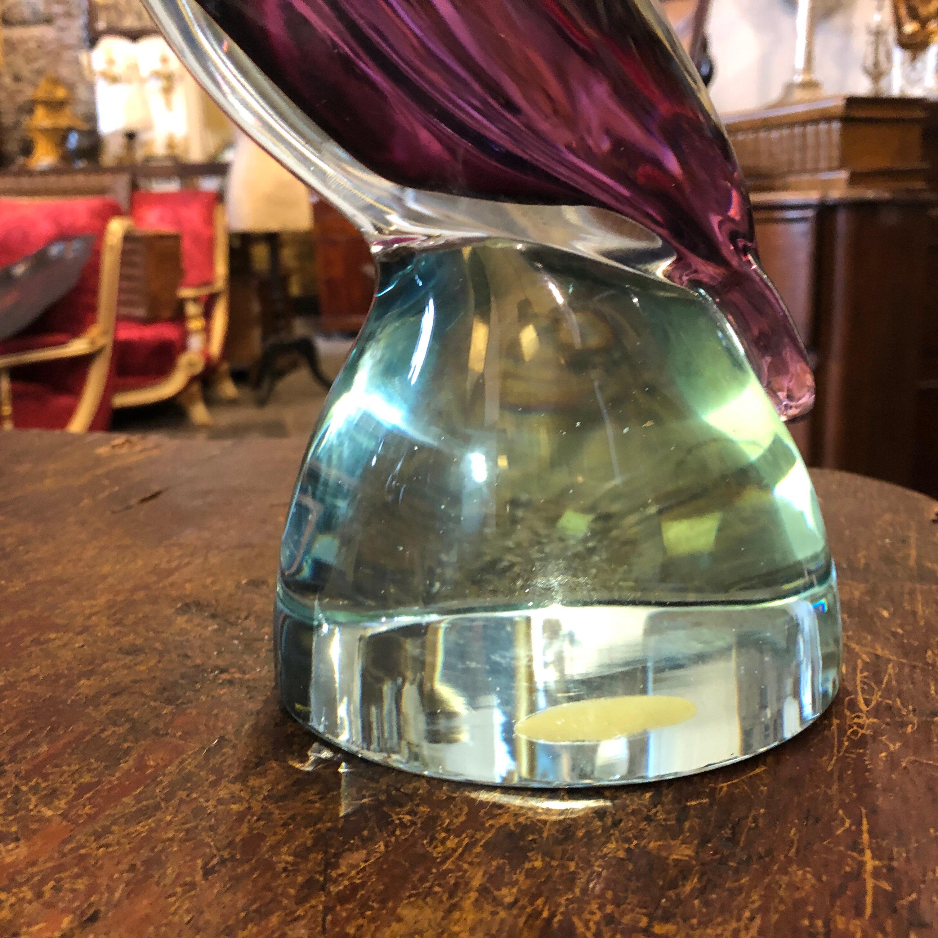 Stylish purple and blue Murano glass sculpture of a bird in perfect conditions.