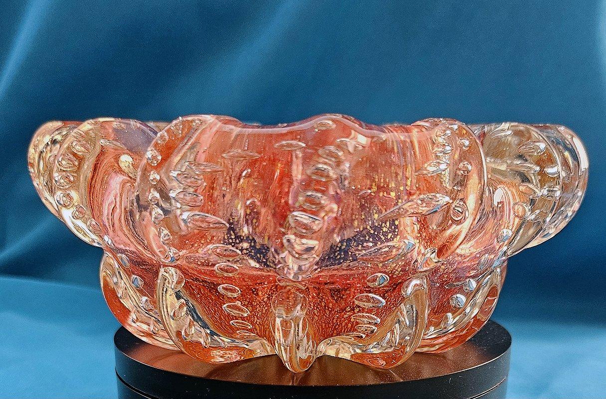 Italian Murano Glass Bowl w/Gold Leaf & Bullicante, Barovier & Toso For Sale