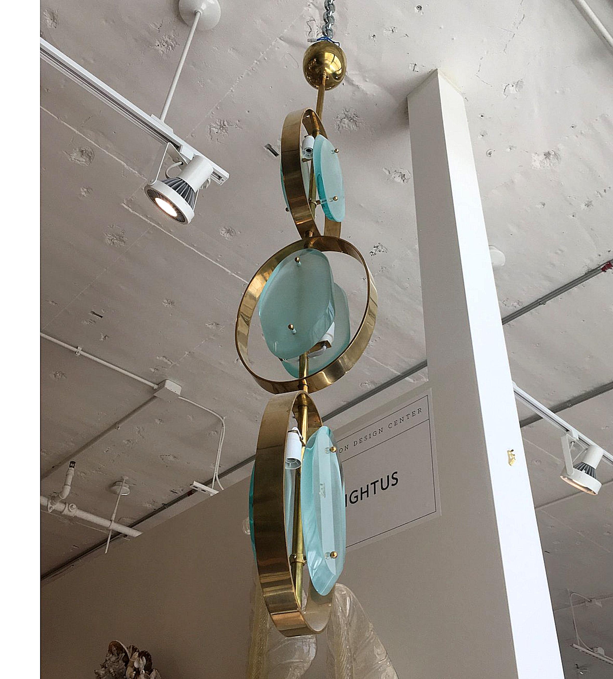 Mid-Century Modern Murano Glass & Brass Pendant Chandelier, Fontana Arte Style (Moderne der Mitte des Jahrhunderts)