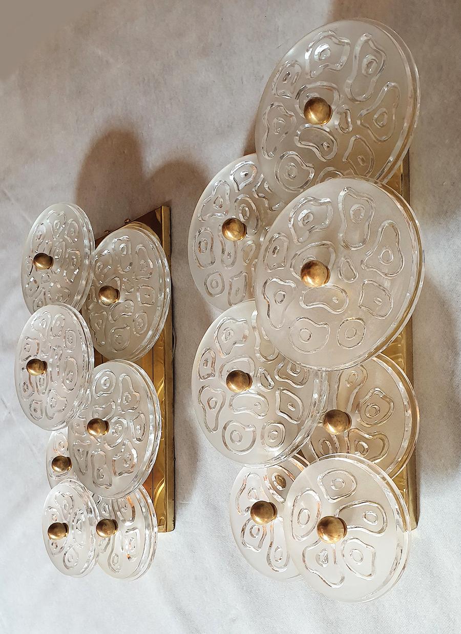 Italian Mid-Century Modern Murano Clear Glass Discs & Brass Four Sconces, Vistosi 1960s