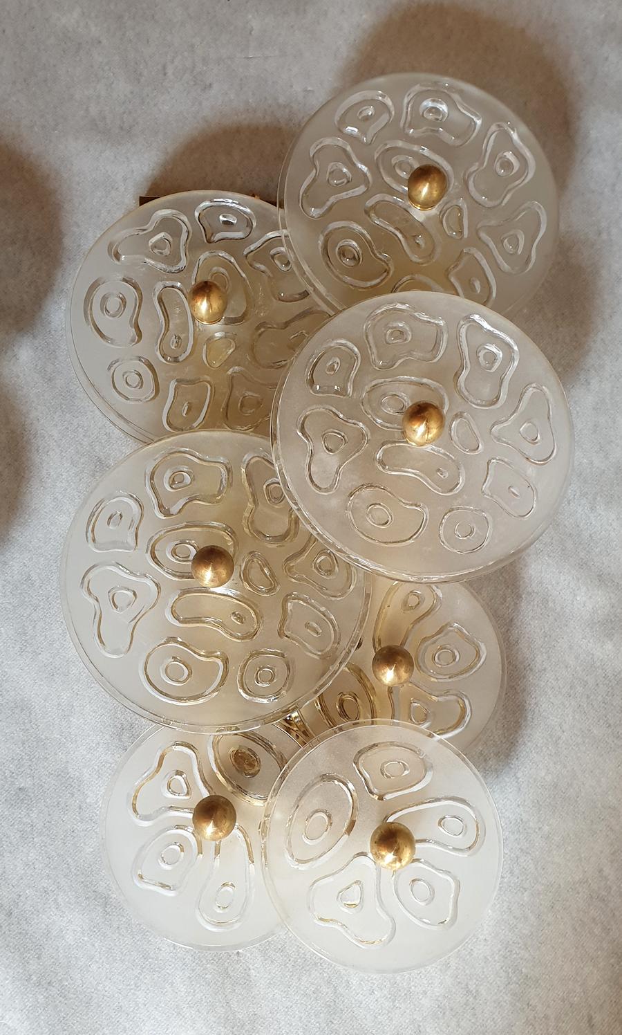 Frosted Mid-Century Modern Murano Clear Glass Discs & Brass Four Sconces, Vistosi 1960s