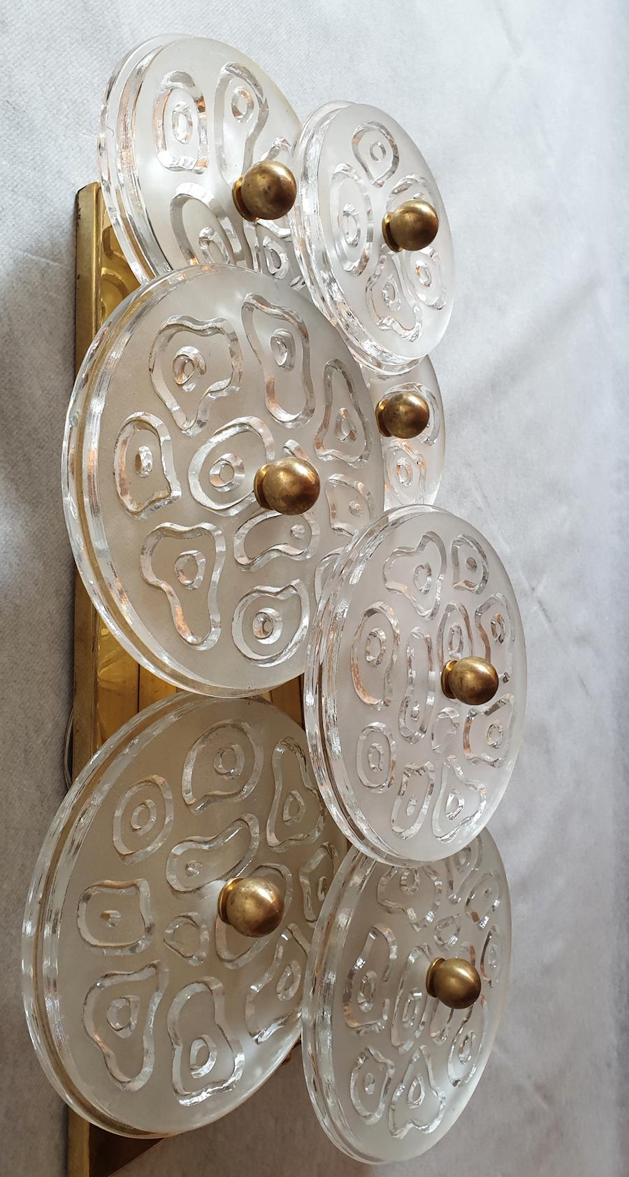 Mid-Century Modern Murano Clear Glass Discs & Brass Four Sconces, Vistosi 1960s 1