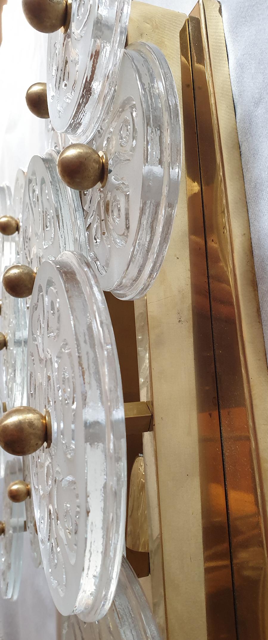 Mid-Century Modern Murano Clear Glass Discs & Brass Four Sconces, Vistosi 1960s 2