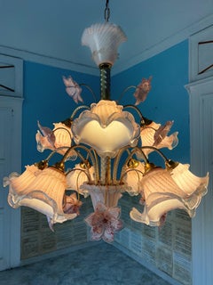 Mid Century Modern Murano Glass Chandelier Pink White Stripe 1980s Floral Design