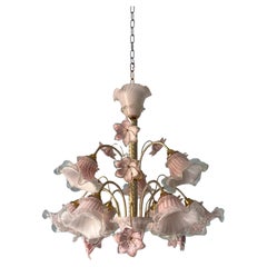 Mid Century Modern Murano Glass Chandelier Pink White Stripe 1980s Floral Design