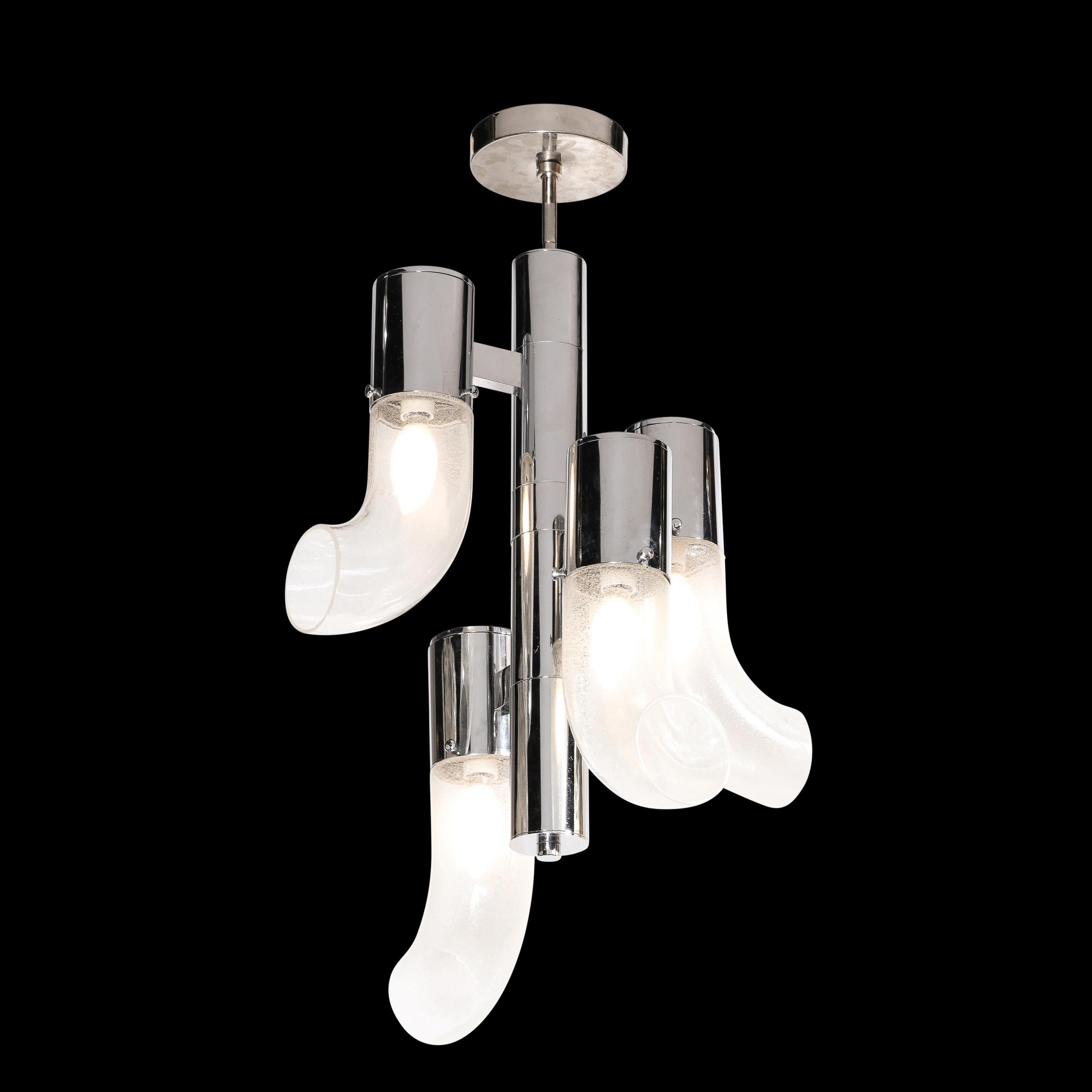 This iconic and graphic Mid-Century Modern chandelier was realized by the legendary designer Carlo Nason for Mazzega in Murano, Italy- the island off the coast of Venice renowned for centuries for its superlative glass production- circa 1970. It