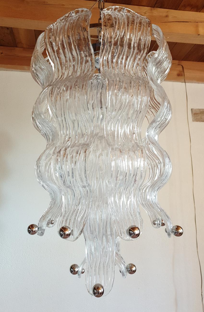Mid-Century Modern Murano Glass and Chrome Large Chandelier 