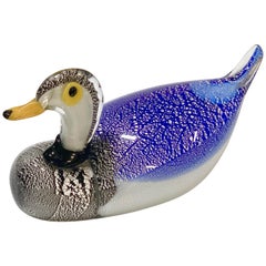 Mid-Century Modern Murano Glass Italian Duck Sculpture with Silver Dots, 1970s