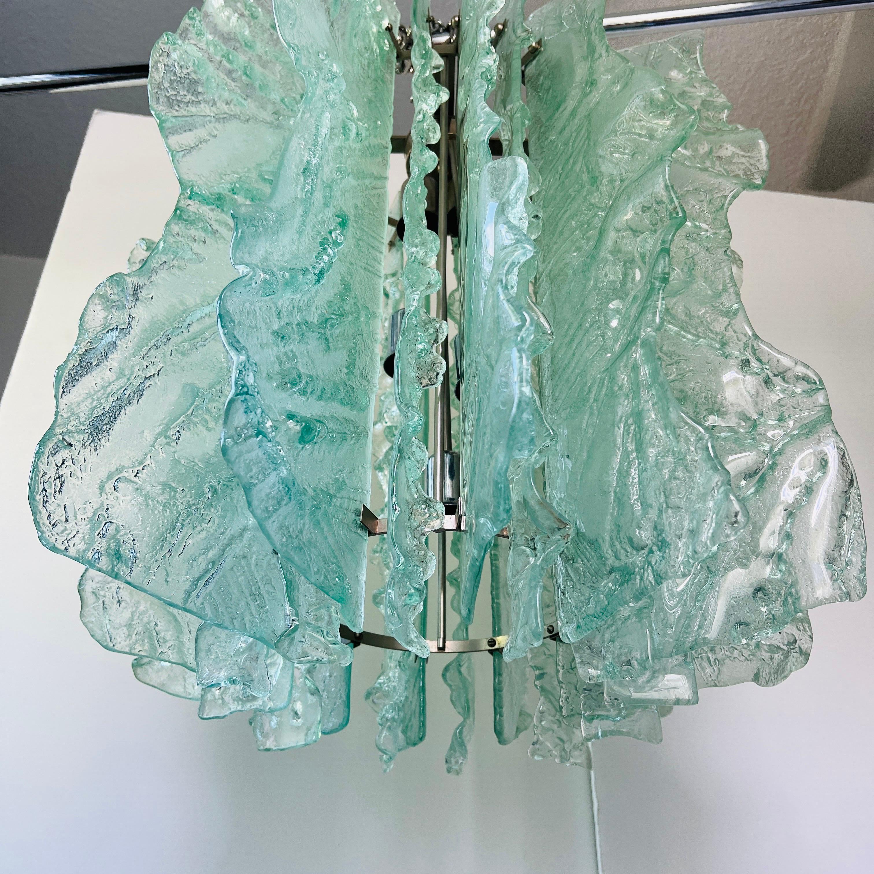 Hand-Crafted Mid-Century Modern Murano Glass Leaf Chandelier in Light Aqua, Israel c. 1970's For Sale
