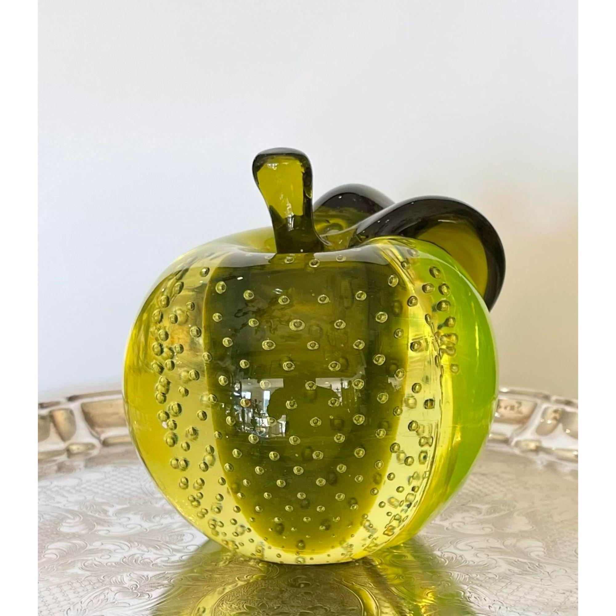 Mid-Century Modern Murano glass Magnum apple paperweight. It glows brightly under black light testing and dates to the 1950s

Additional information: 
Materials: Murano glass
Color: Chartreuse
Brand: Murano
Designer: Seguso
Period: