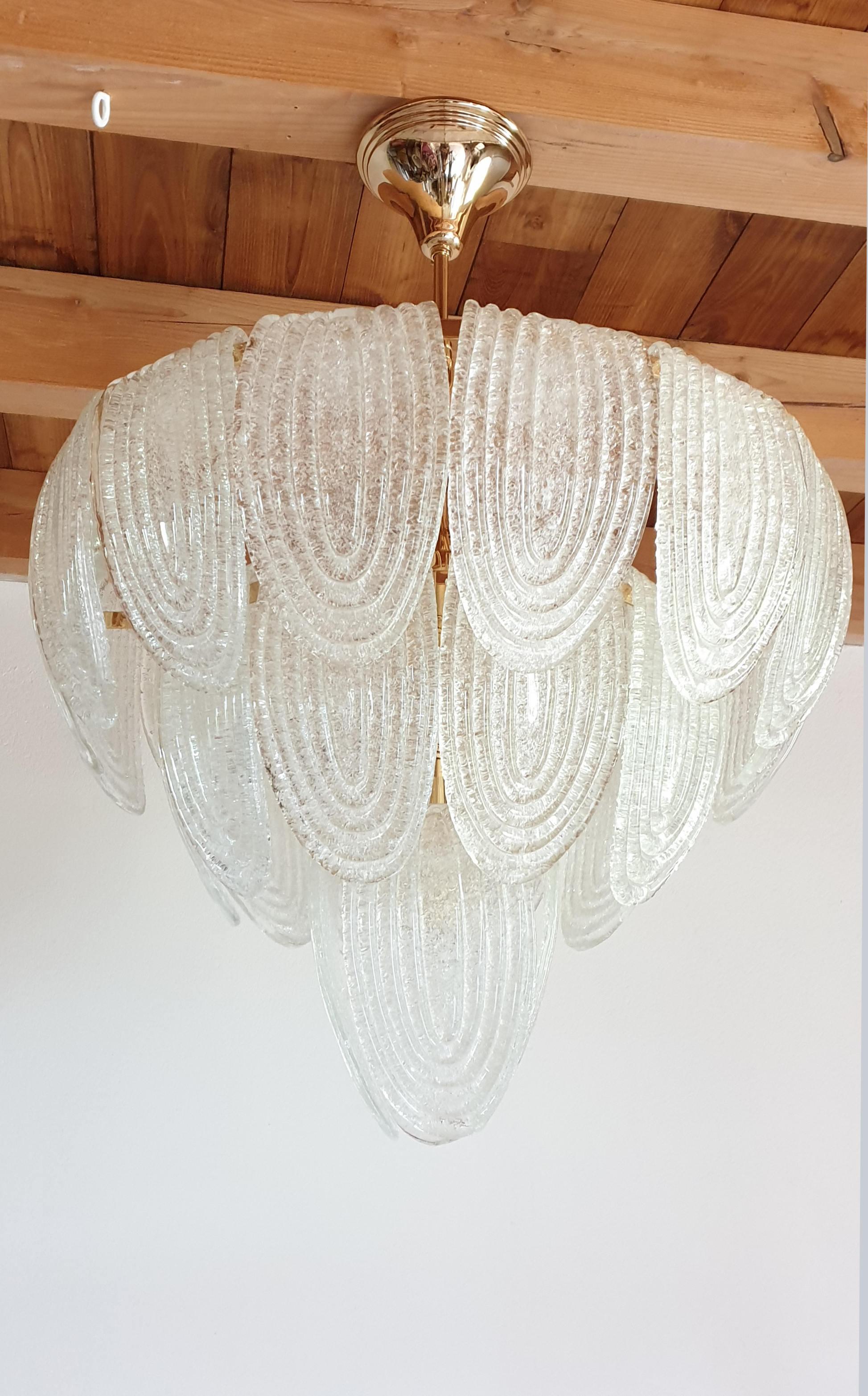 Italian Mid-Century Modern Murano Glass and Plated Gold Chandelier by Mazzega