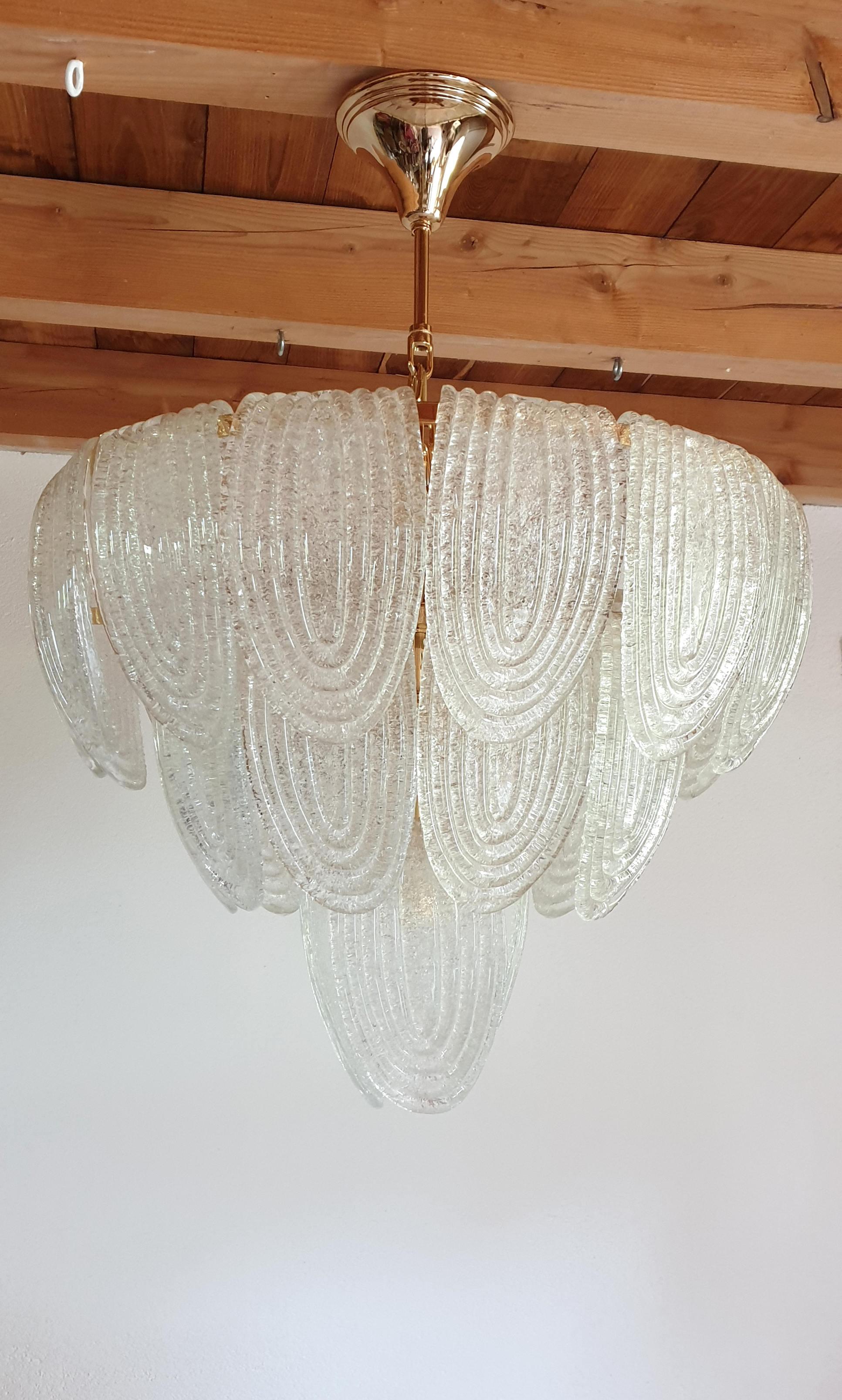 Hand-Crafted Mid-Century Modern Murano Glass and Plated Gold Chandelier by Mazzega