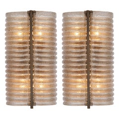Mid-Century Modern Murano Glass Ribbed Sconces with Brass Structure