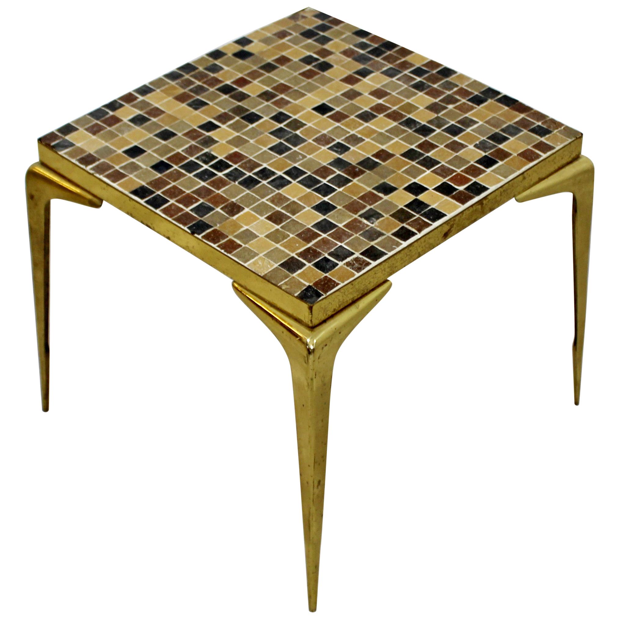 Mid-Century Modern Murano Glass Tile Top Brass Side End Table 1960 Italian Style