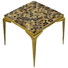 Mid-Century Modern Murano Glass Tile Top Brass Side End Table 1960 Italian Style