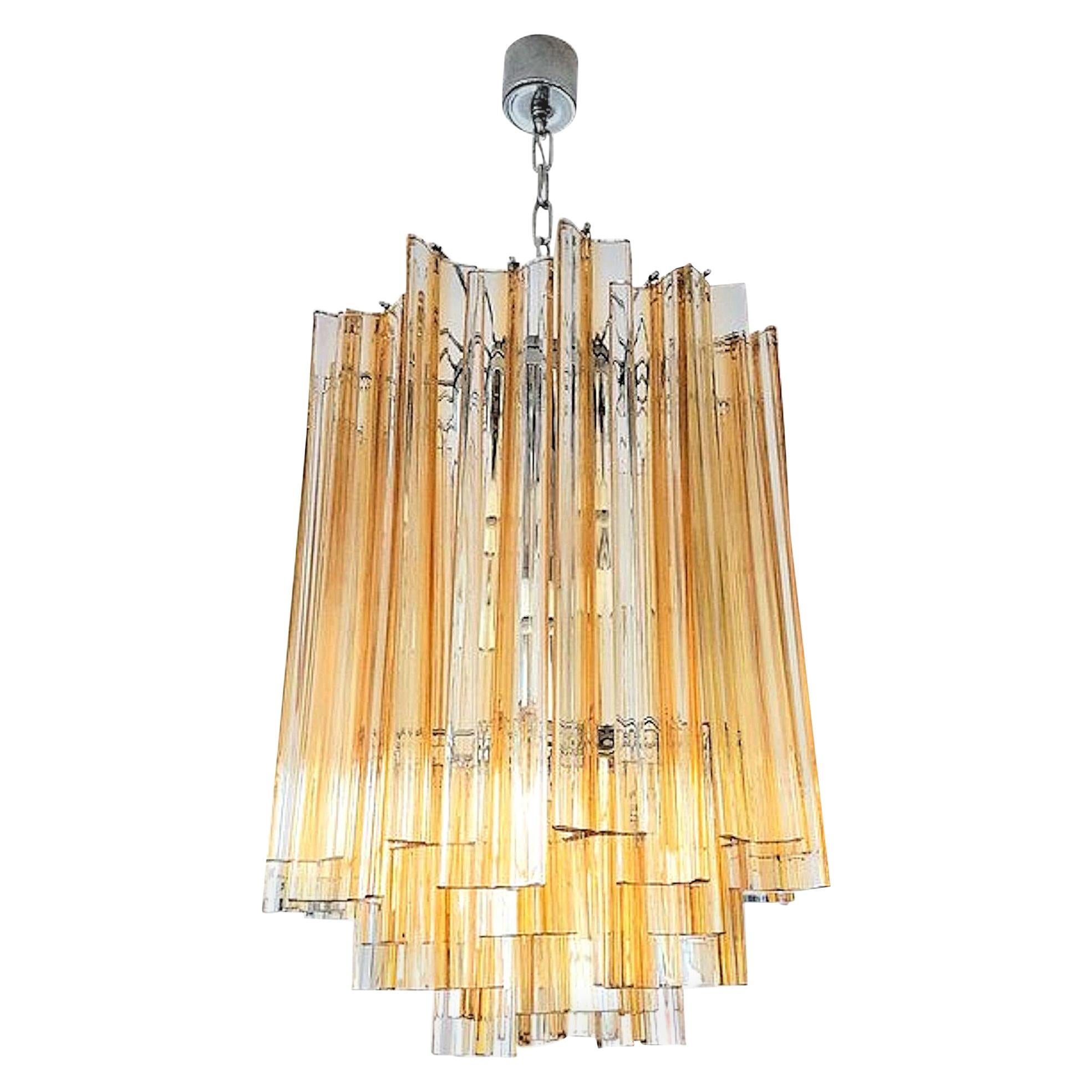 Mid-Century Modern Murano Glass Triedri Chandelier by Venini, Clear and Amber