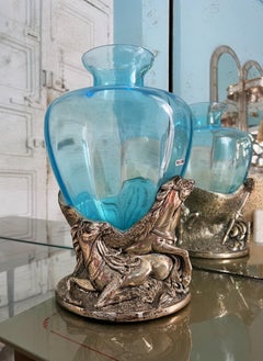 Mid-century modern Murano glass vase adorned with an sculpture featuring horses