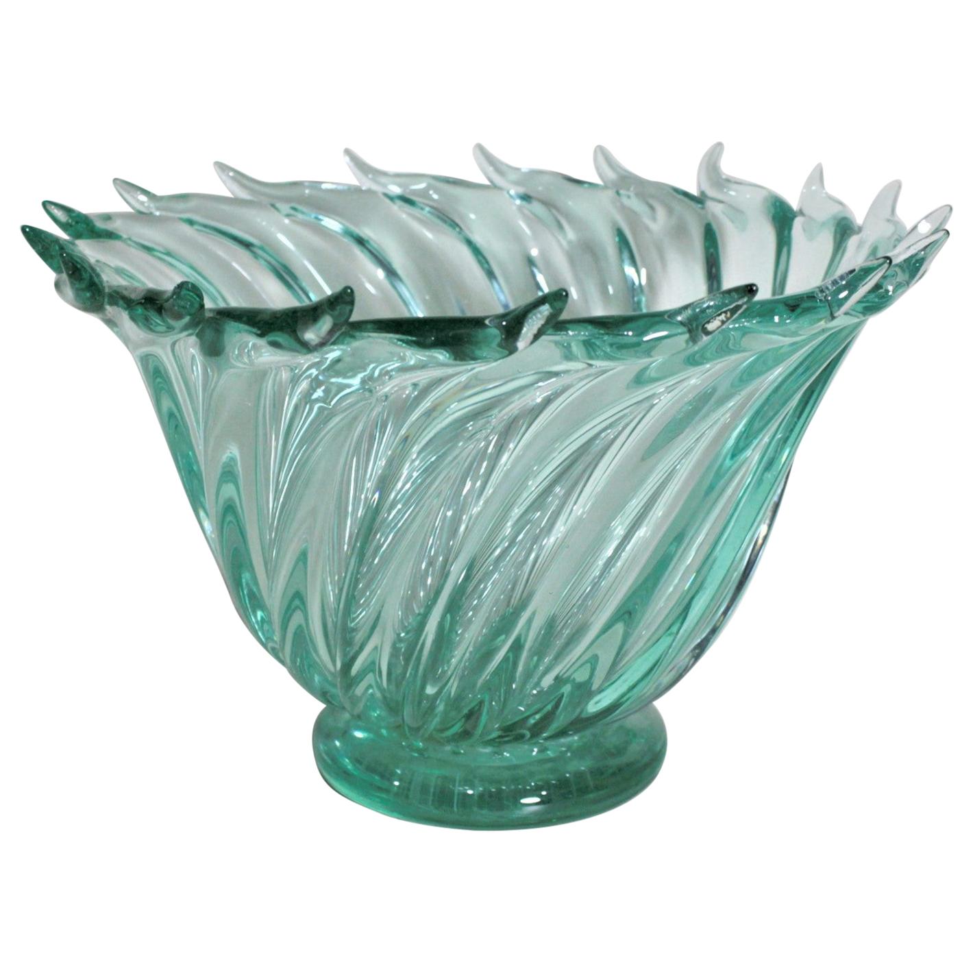 Mid-Century Modern Murano Green Art Glass Swirled Bowl Barovier Attributed For Sale