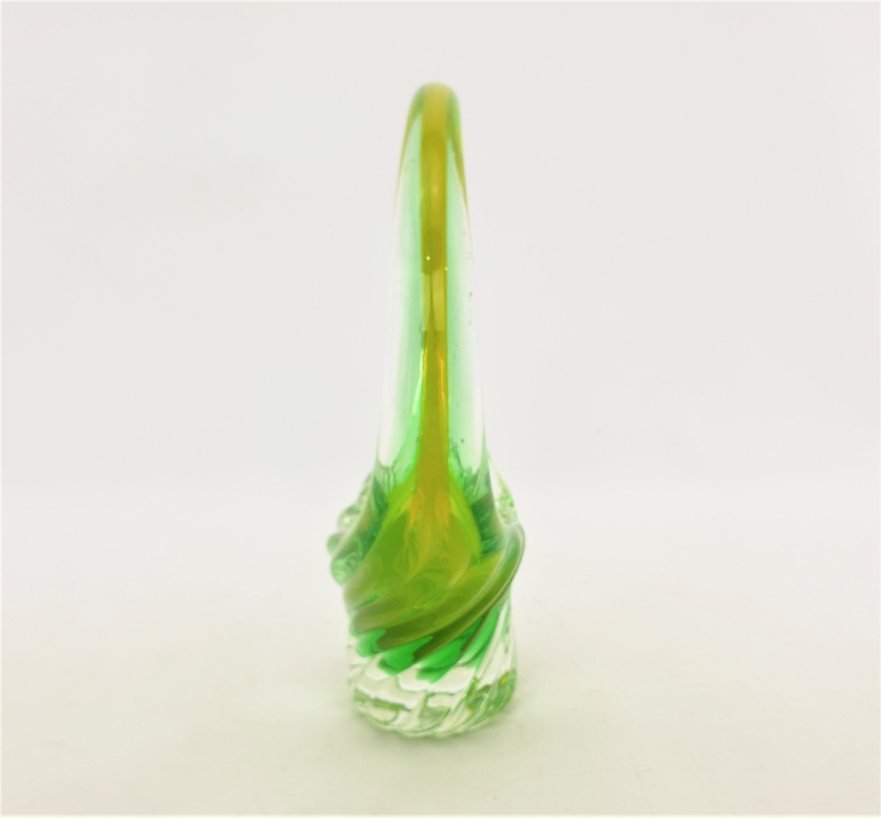 Italian Mid-Century Modern Murano Green & Uranium Art Glass Basket Styled Vase For Sale