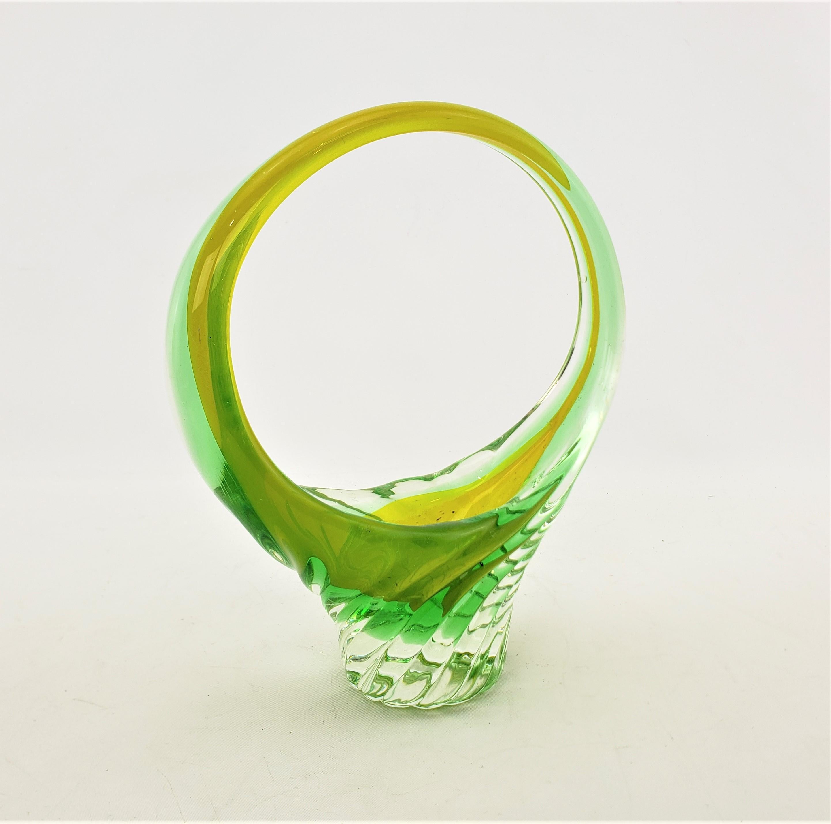 Hand-Crafted Mid-Century Modern Murano Green & Uranium Art Glass Basket Styled Vase For Sale