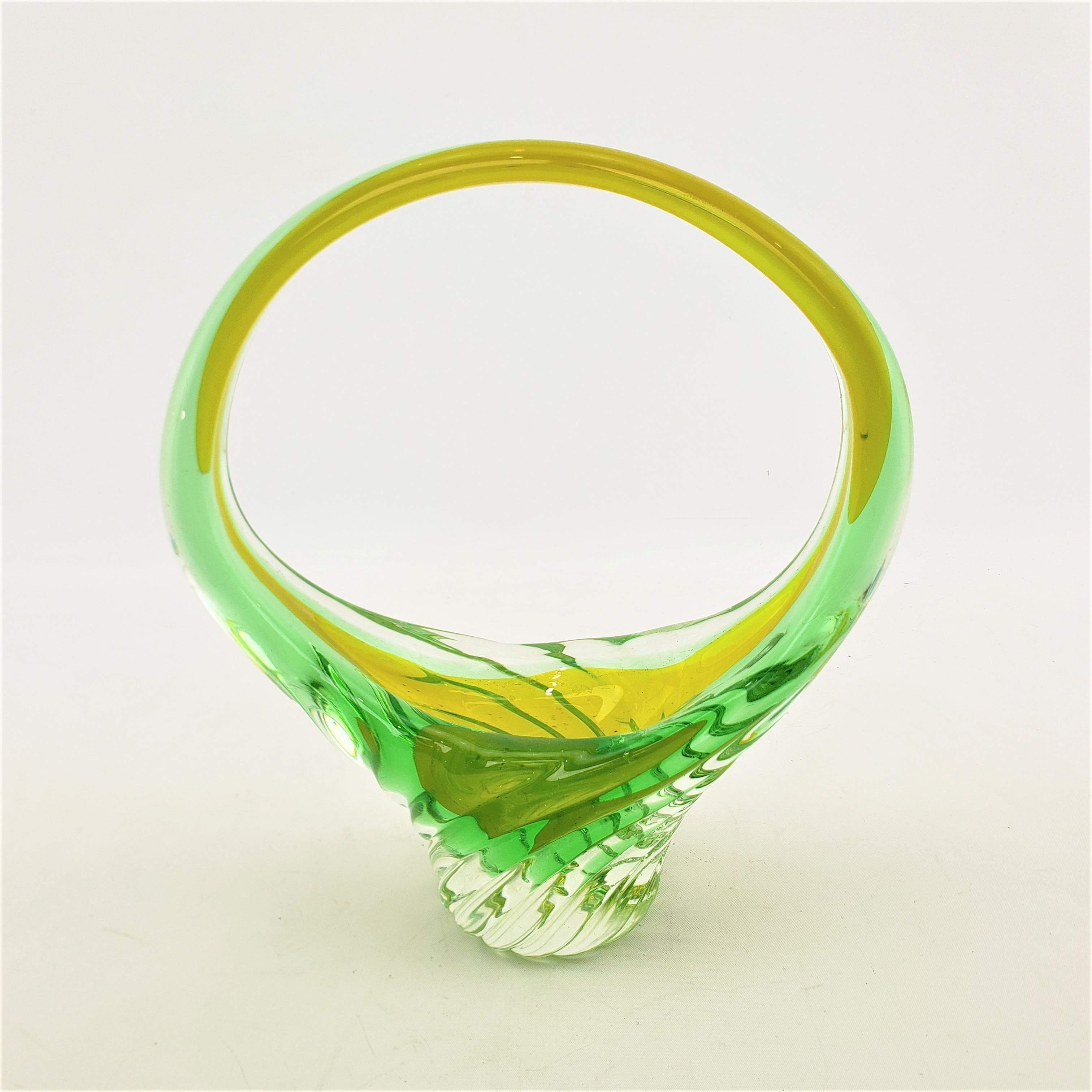 Mid-Century Modern Murano Green & Uranium Art Glass Basket Styled Vase For Sale 1