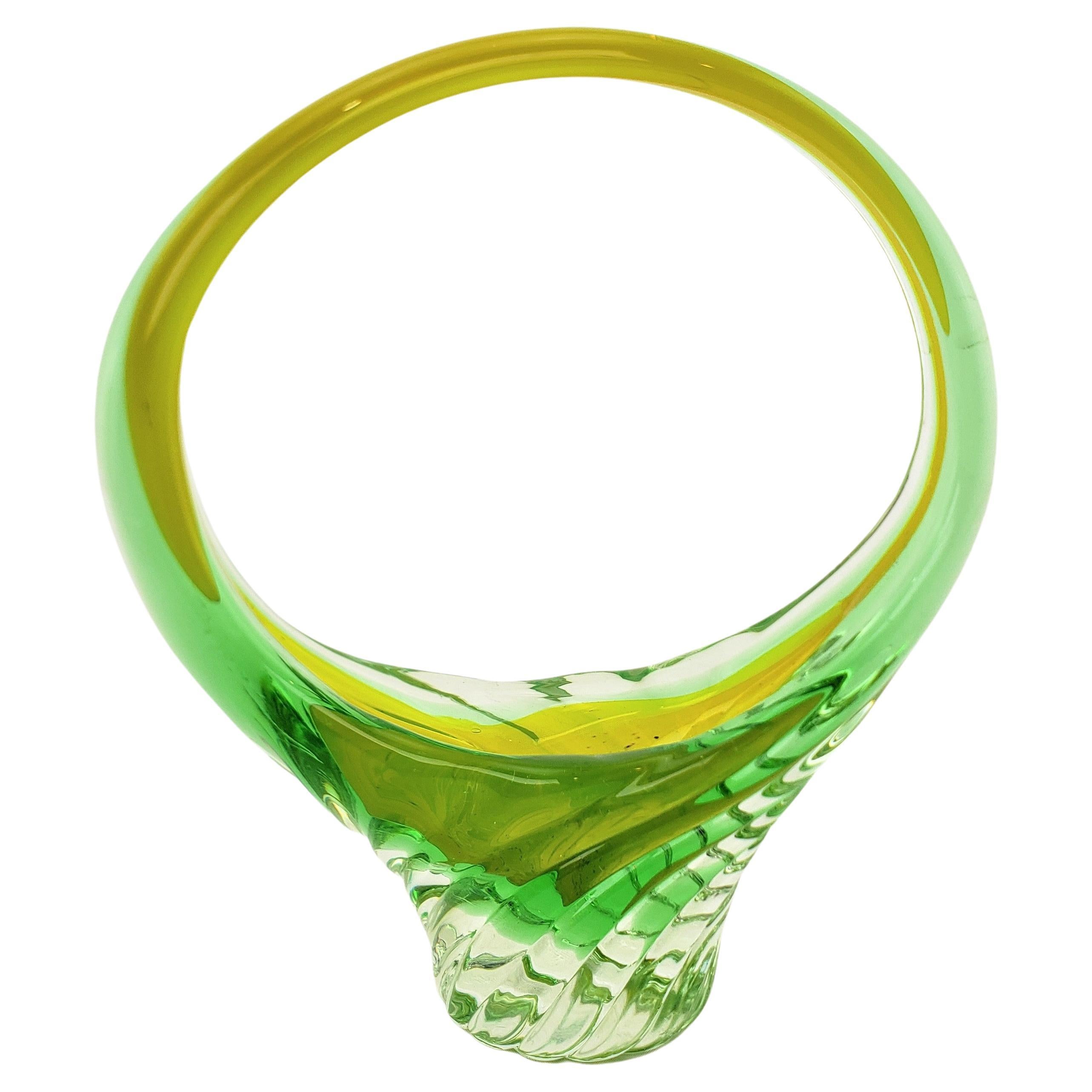 Mid-Century Modern Murano Green & Uranium Art Glass Basket Styled Vase
