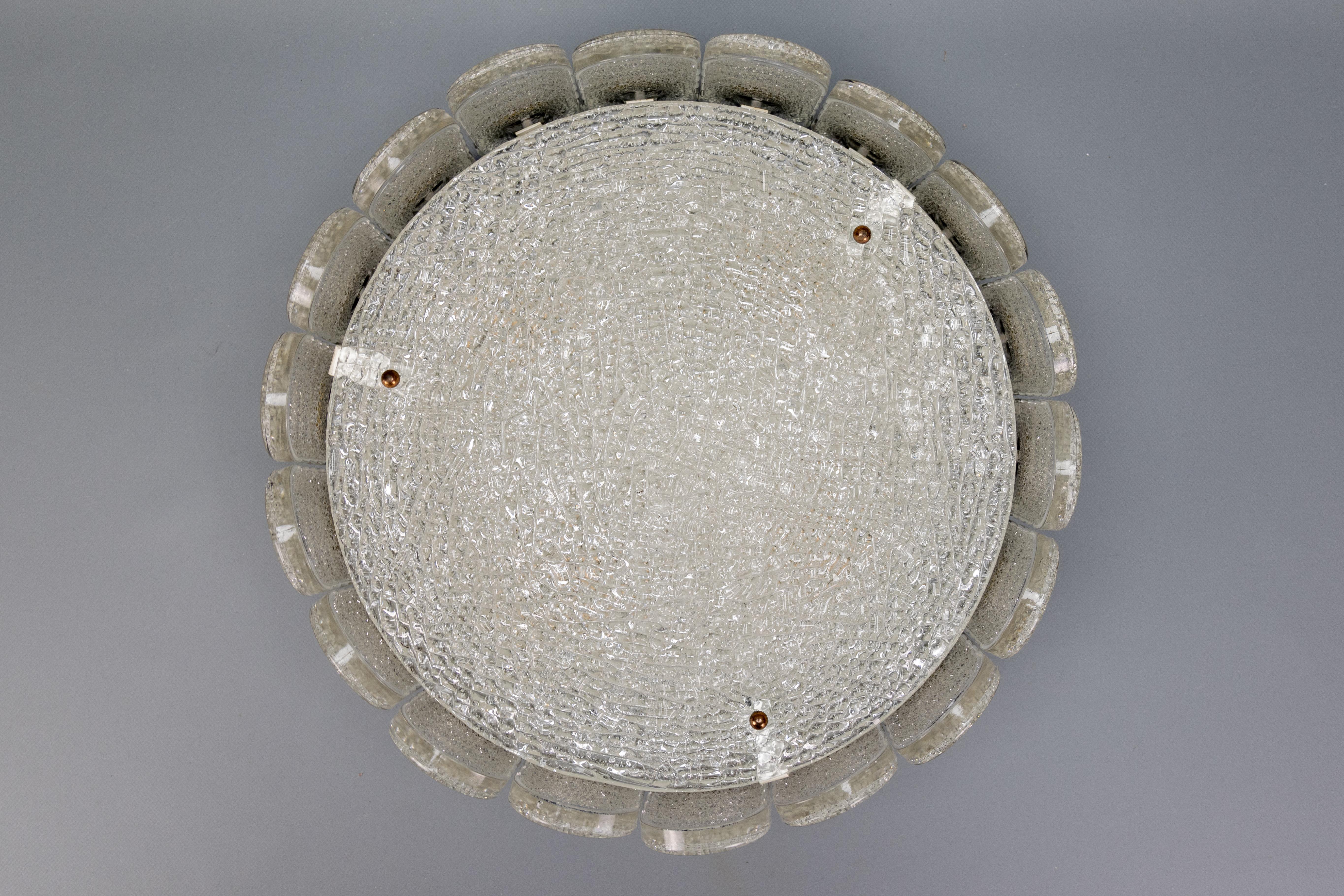Late 20th Century Mid-Century Modern Murano Ice Glass Round Flush Mount by Kaiser Leuchten, 1970s For Sale