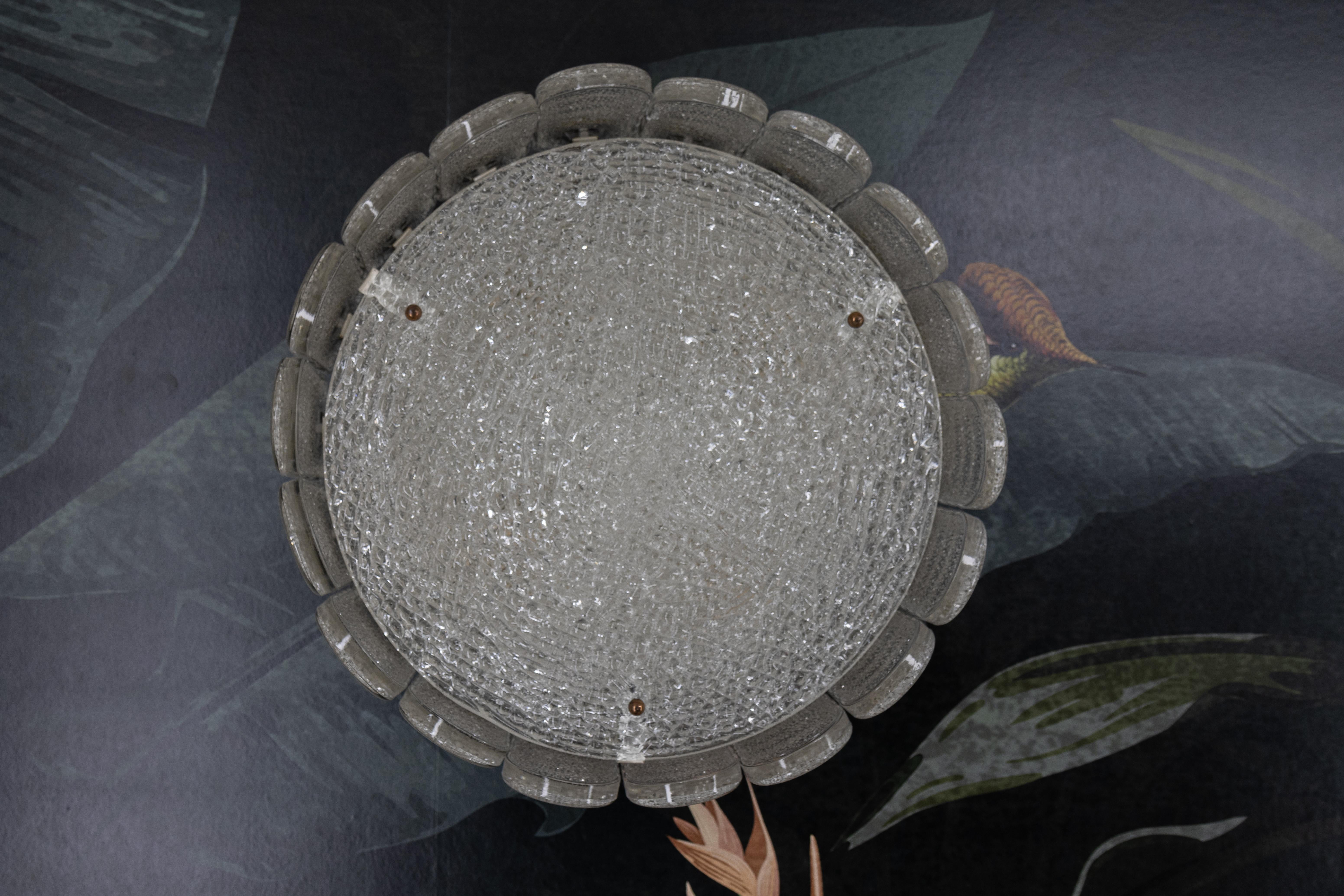 Murano Glass Mid-Century Modern Murano Ice Glass Round Flush Mount by Kaiser Leuchten, 1970s For Sale