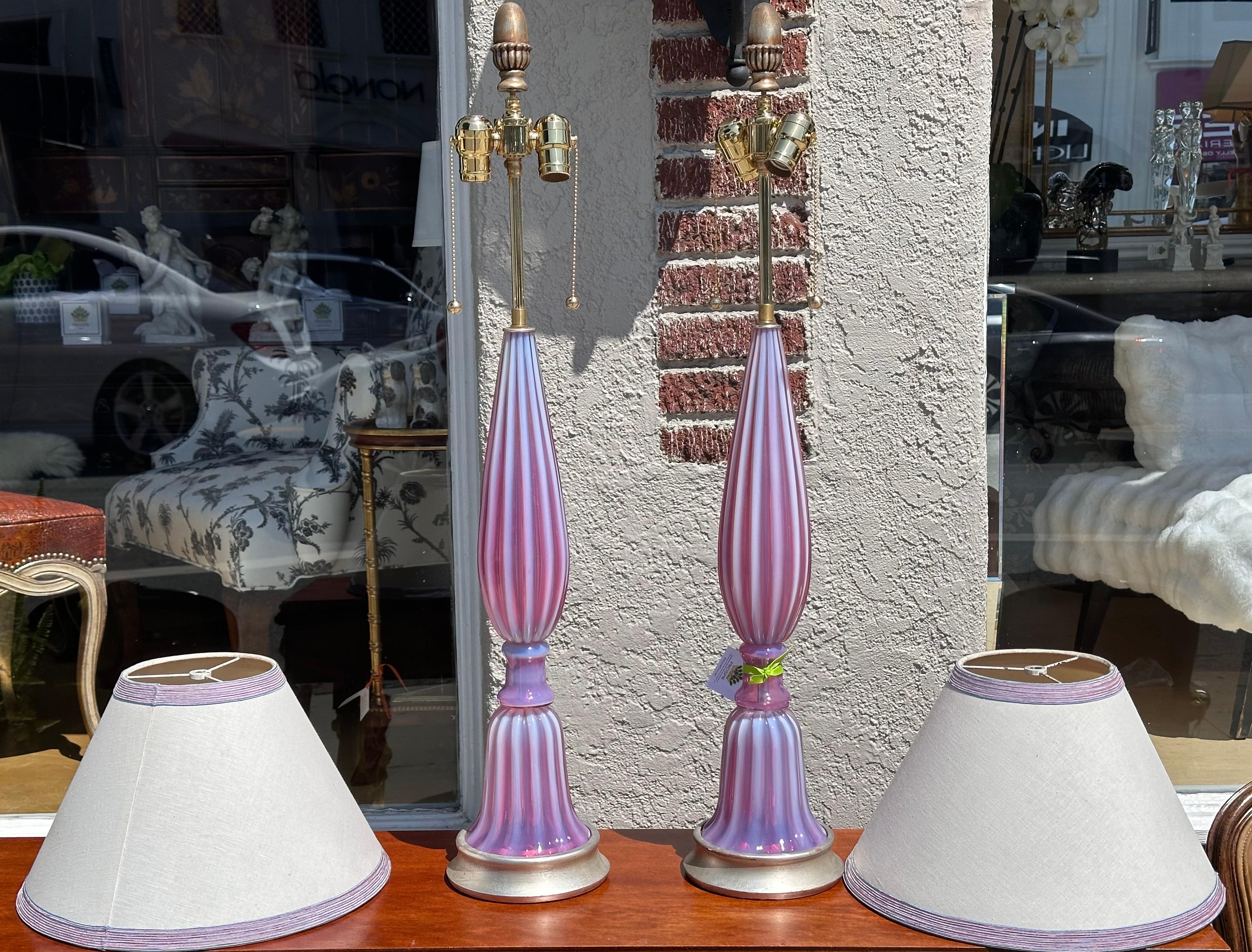 Mid Century Modern Murano Italian Art Glass Table Lamps W Custom Shades.