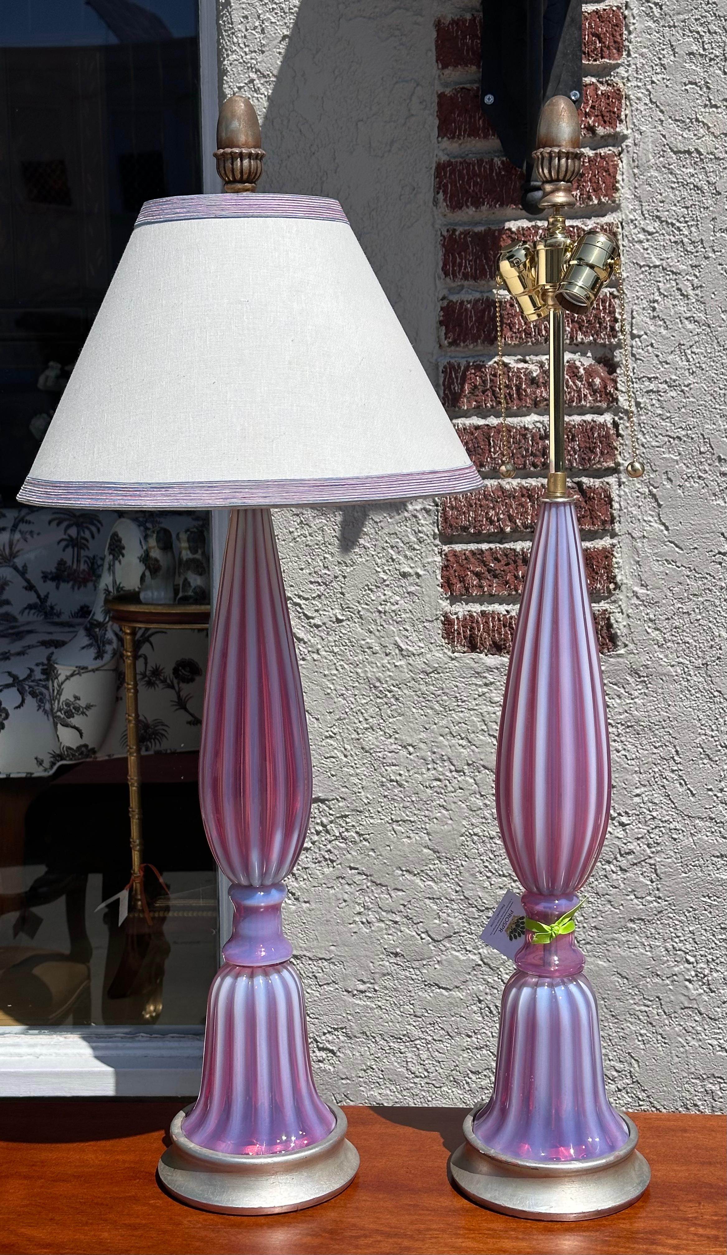 Mid Century Modern Murano Italian Art Glass Table Lamps W Custom Shades In Good Condition For Sale In LOS ANGELES, CA