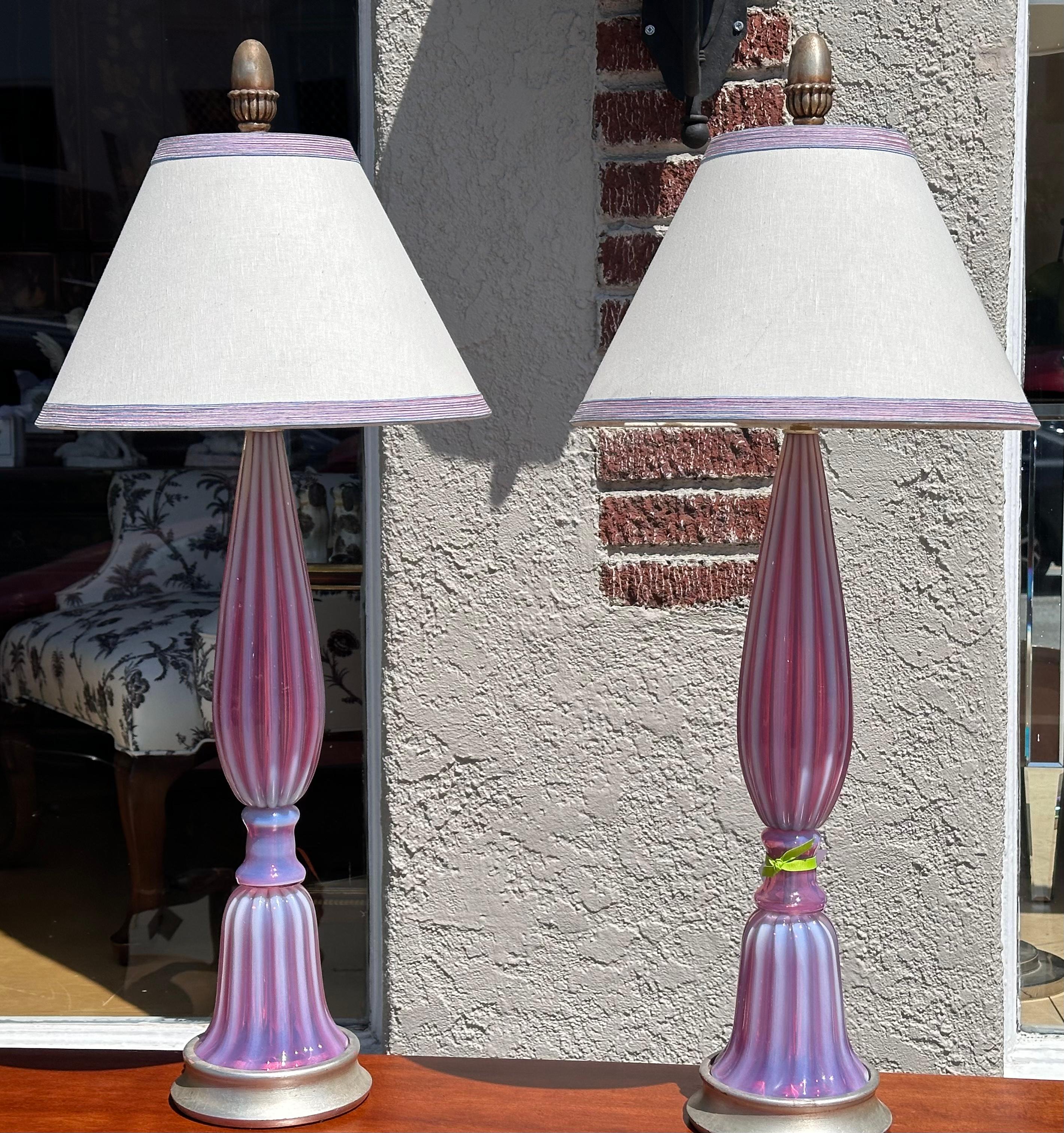 Mid-20th Century Mid Century Modern Murano Italian Art Glass Table Lamps W Custom Shades For Sale