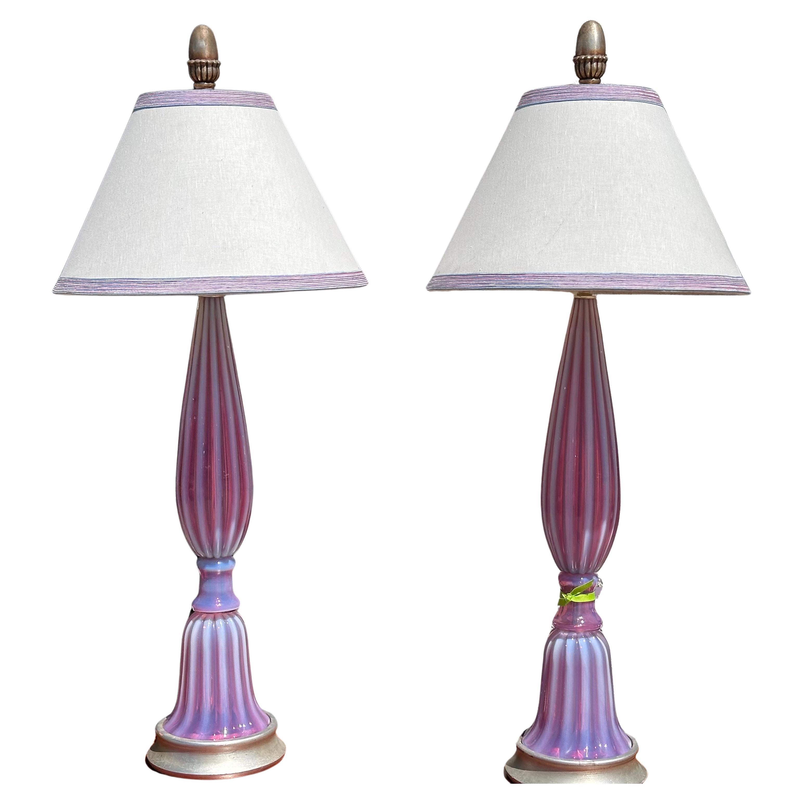 Mid Century Modern Murano Italian Art Glass Table Lamps W Custom Shades For Sale