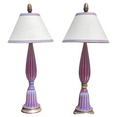 Vintage Mid Century Modern Murano Italian Art Glass Table Lamps W Custom Shades