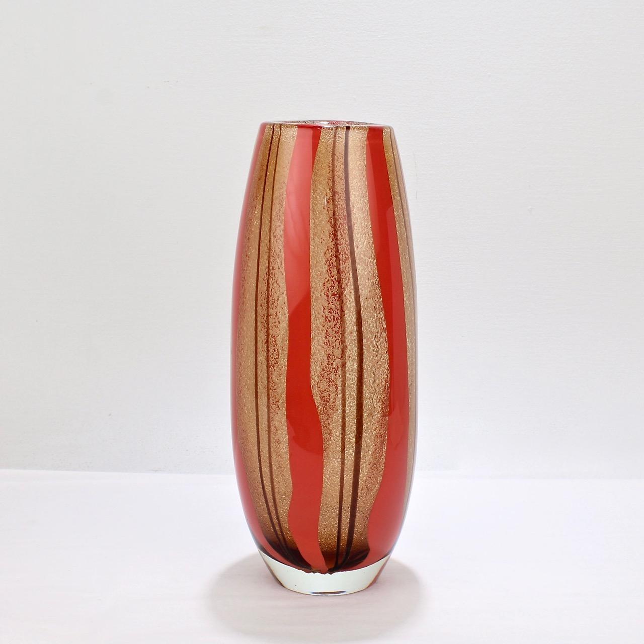 Art Glass Red and Orange Stripe 7 Clear Vase