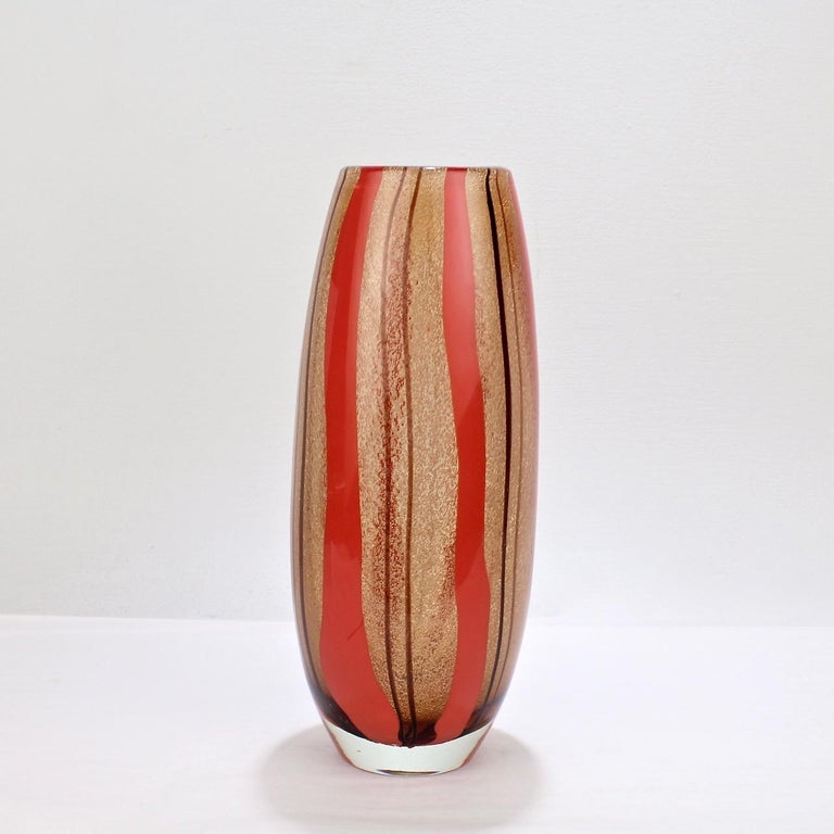 20th Century Mid-Century Modern Murano Italian Glass Red & Purple Striped Vase For Sale