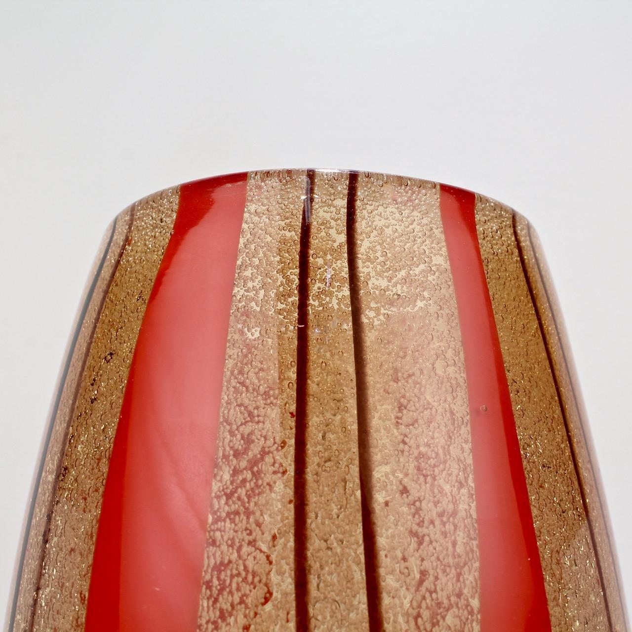 Art Glass Mid-Century Modern Murano Italian Glass Red & Purple Striped Vase For Sale