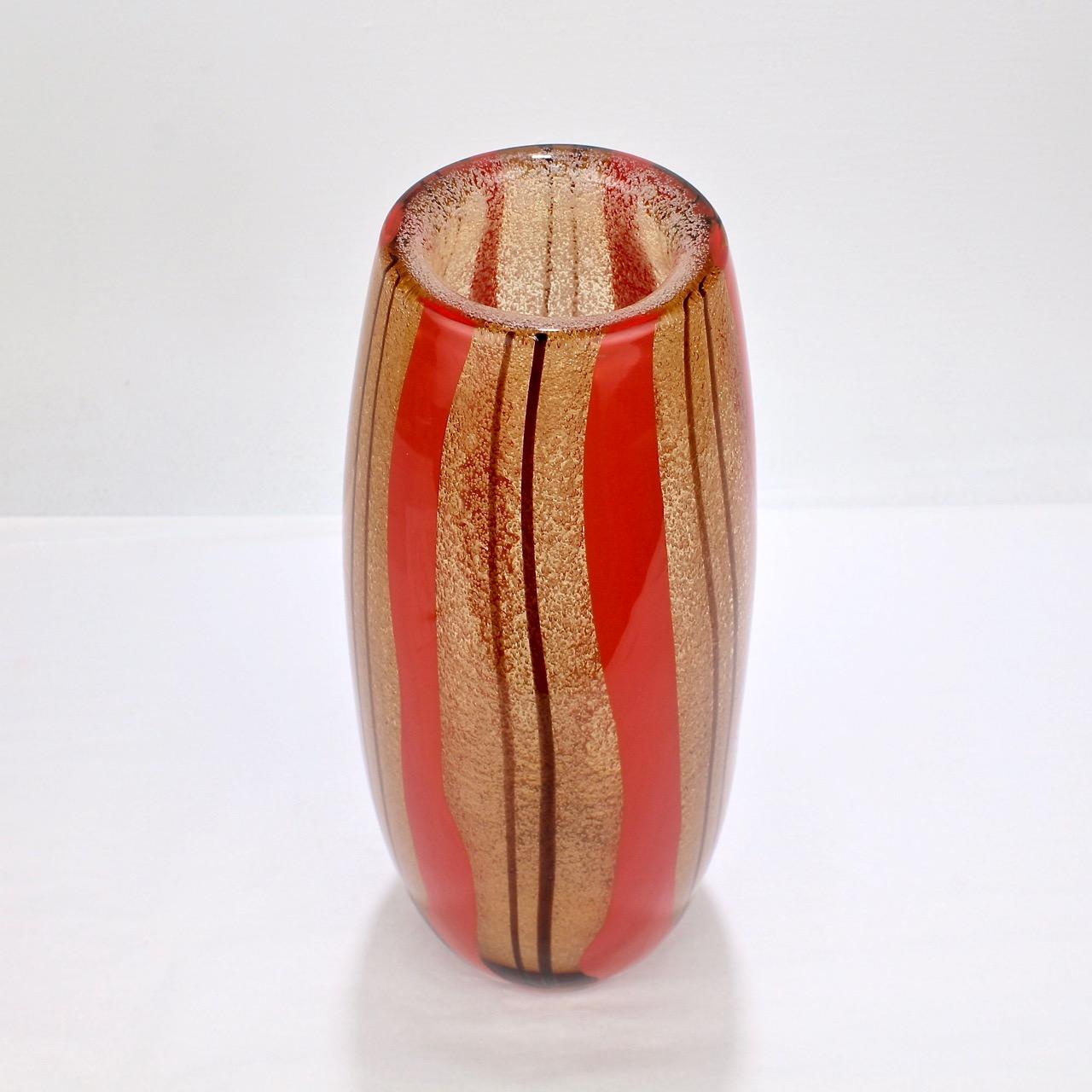 Mid-Century Modern Murano Italian Glass Red & Purple Striped Vase For Sale 1