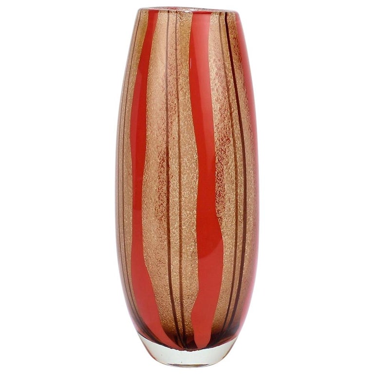 Mid-Century Modern Murano Italian Glass Red & Purple Striped Vase For Sale