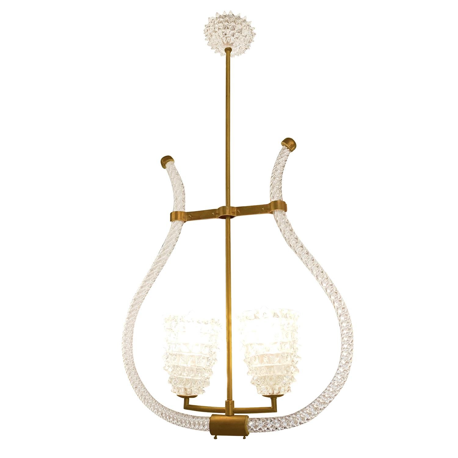 A vintage Mid-Century Modern Italian Murano glass ceiling light with a brass structure in the shape of a harp and two-light. Produced by Barovier & Toso, featuring a two light socket in good condition. The wires have been renewed. Wear consistent