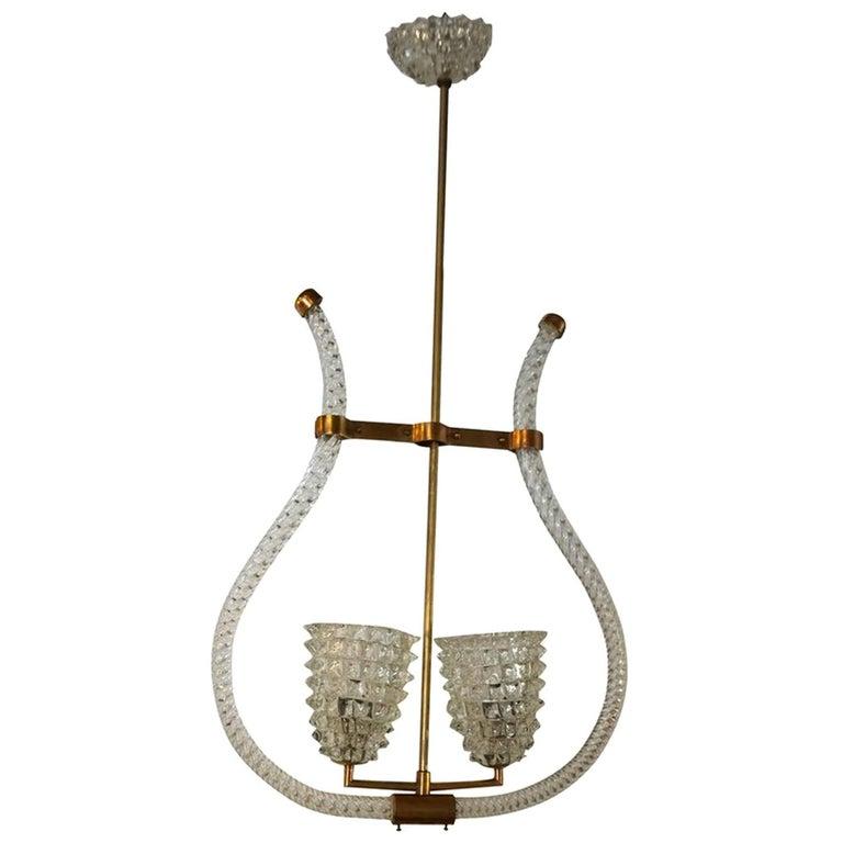 Mid-Century Modern 20th Century Italian Murano Glass Pendant, Brass Light, Lamp by Barovier & Toso