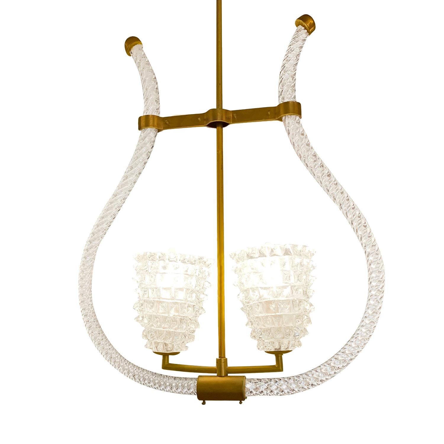 Hand-Crafted 20th Century Italian Murano Glass Pendant, Brass Light, Lamp by Barovier & Toso