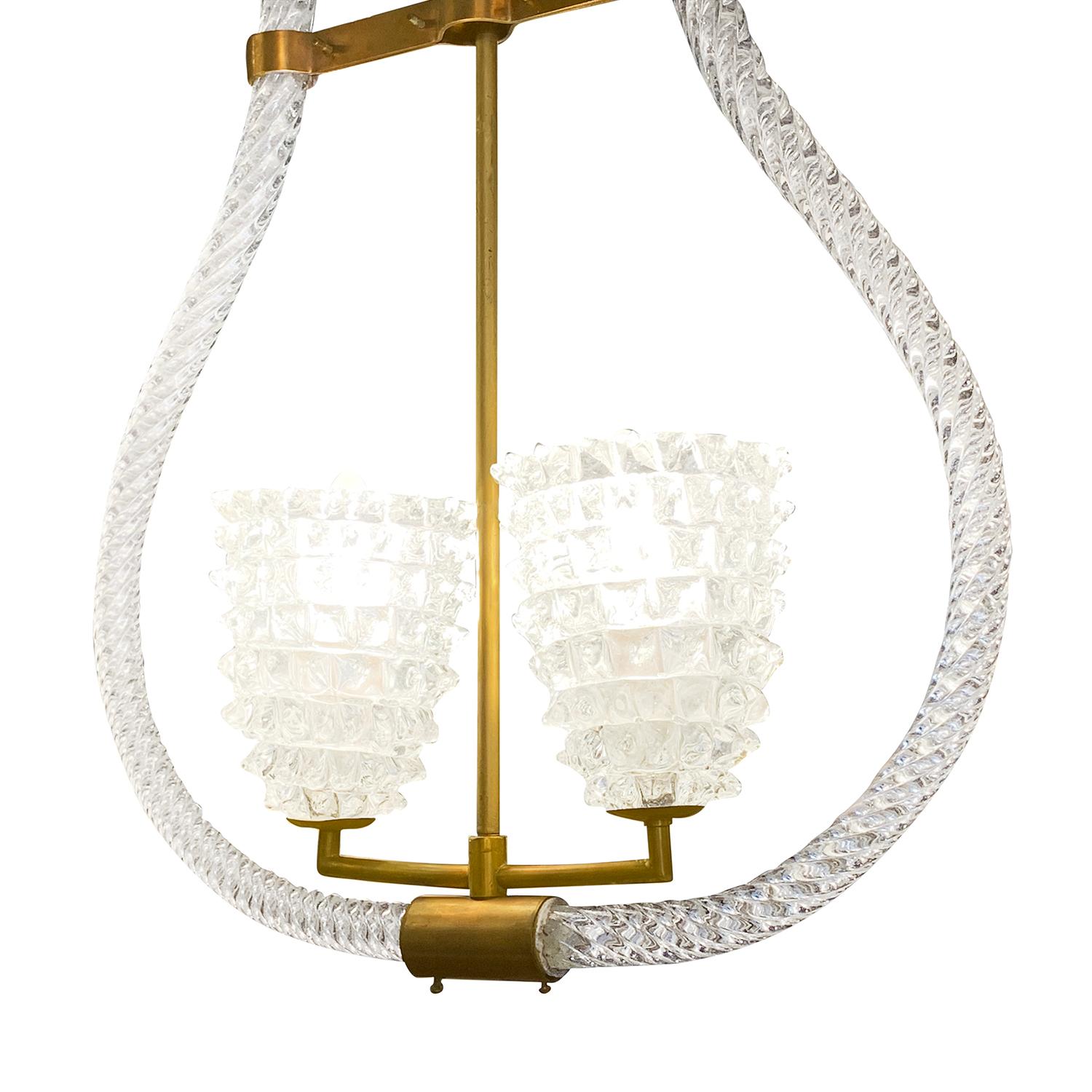 20th Century Italian Murano Glass Pendant, Brass Light, Lamp by Barovier & Toso In Good Condition In West Palm Beach, FL