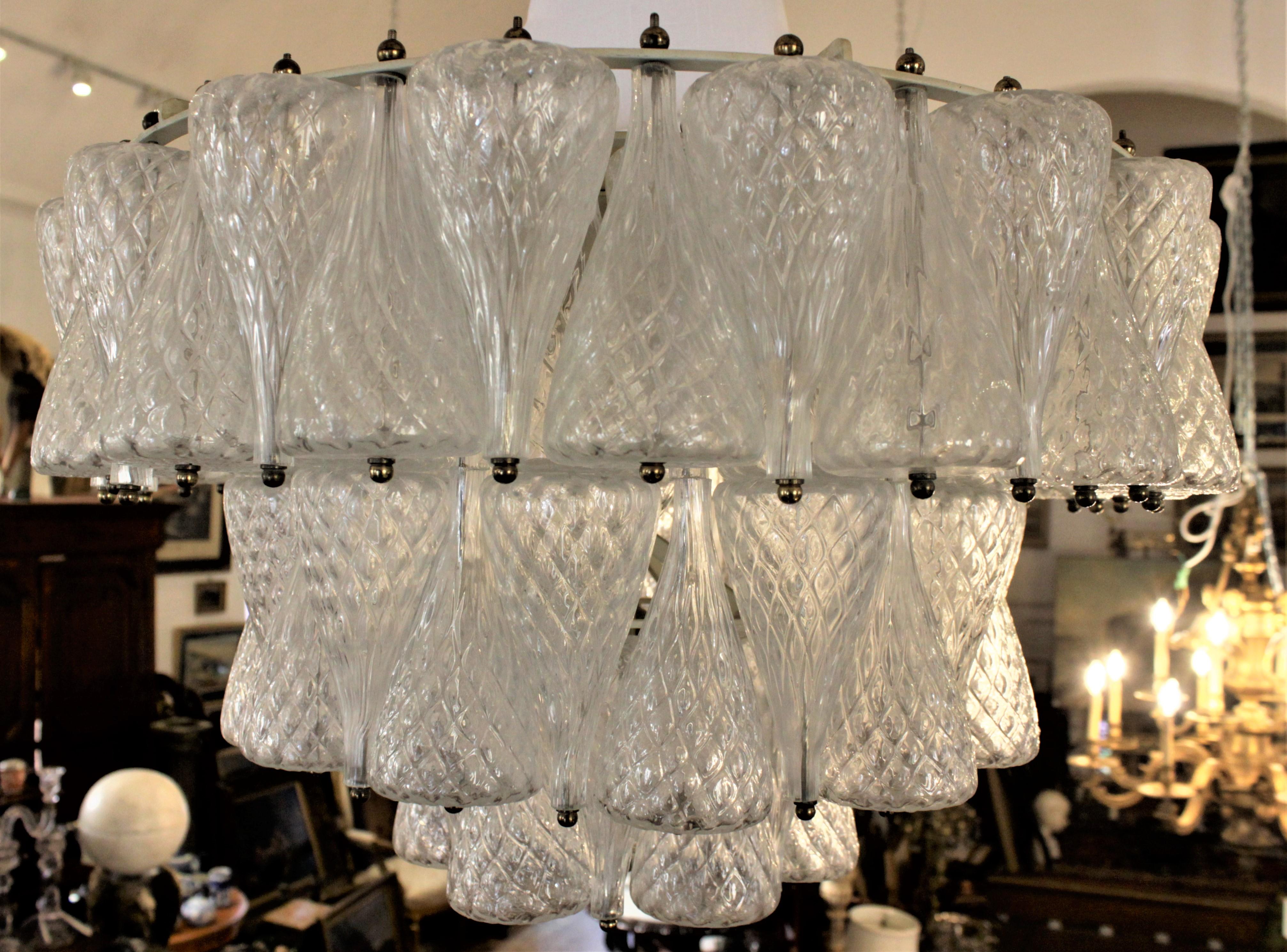 Faceted Mid-Century Modern Murano Seguso Styled Clear Three Tiered Crystal Chandelier