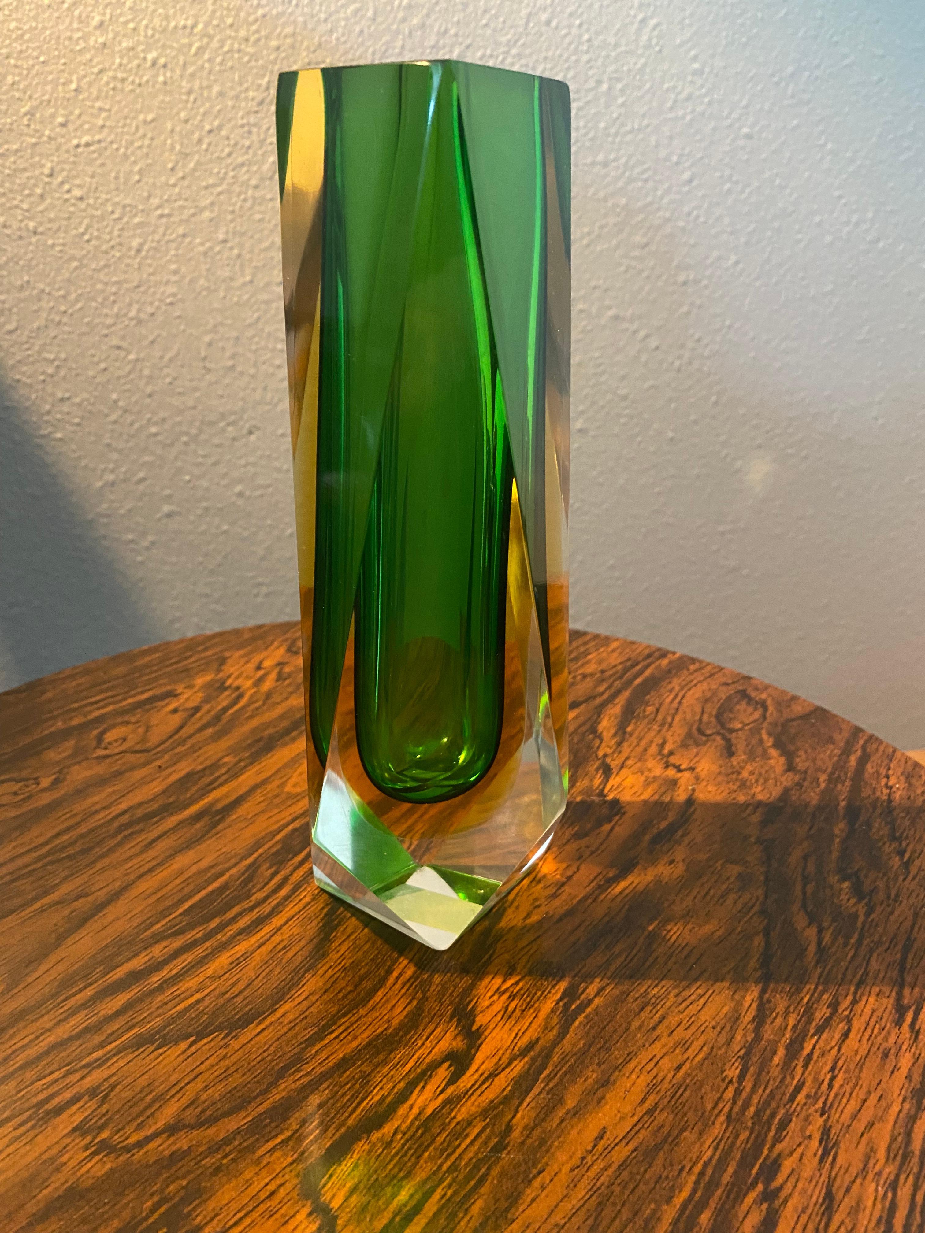 Beautiful green/yellow midcentury Italian Murano glass vase. Made using the Sommerso (submerged) glass technique.