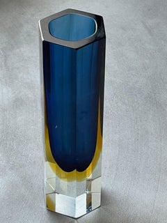 Mid-Century Modern Murano Sommerso Hexagonal Glass Vase in Blue and Yellow, 60's