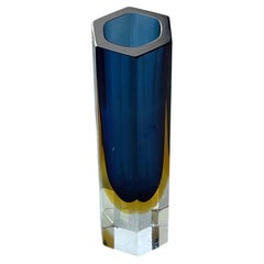 Mid-Century Modern Murano Sommerso Hexagonal Glass Vase in Blue and Yellow, 60's