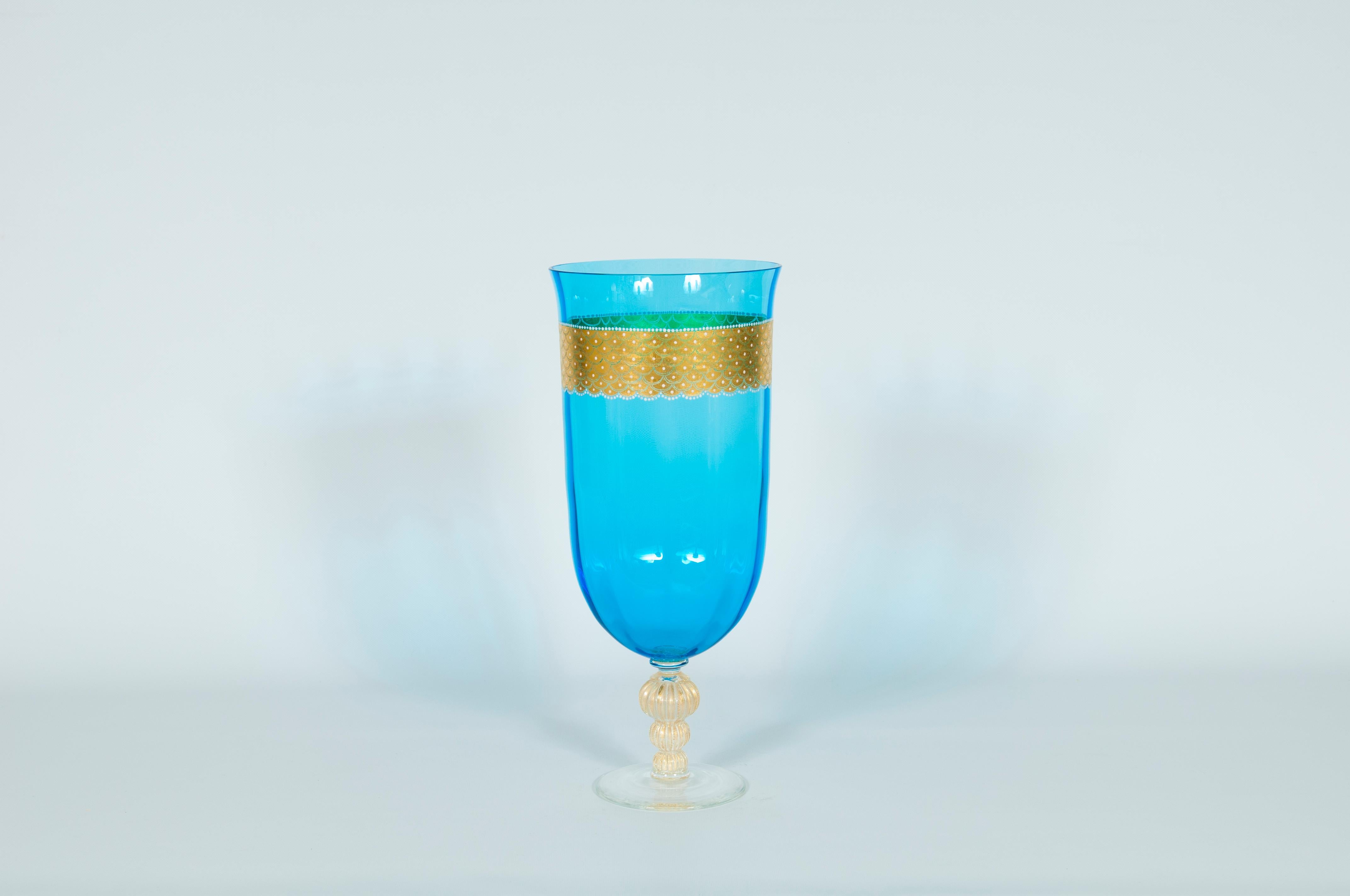 Italian Mid-Century Modern Murano Stemware Glass with Gold Finishes, Blue Color, Italy
