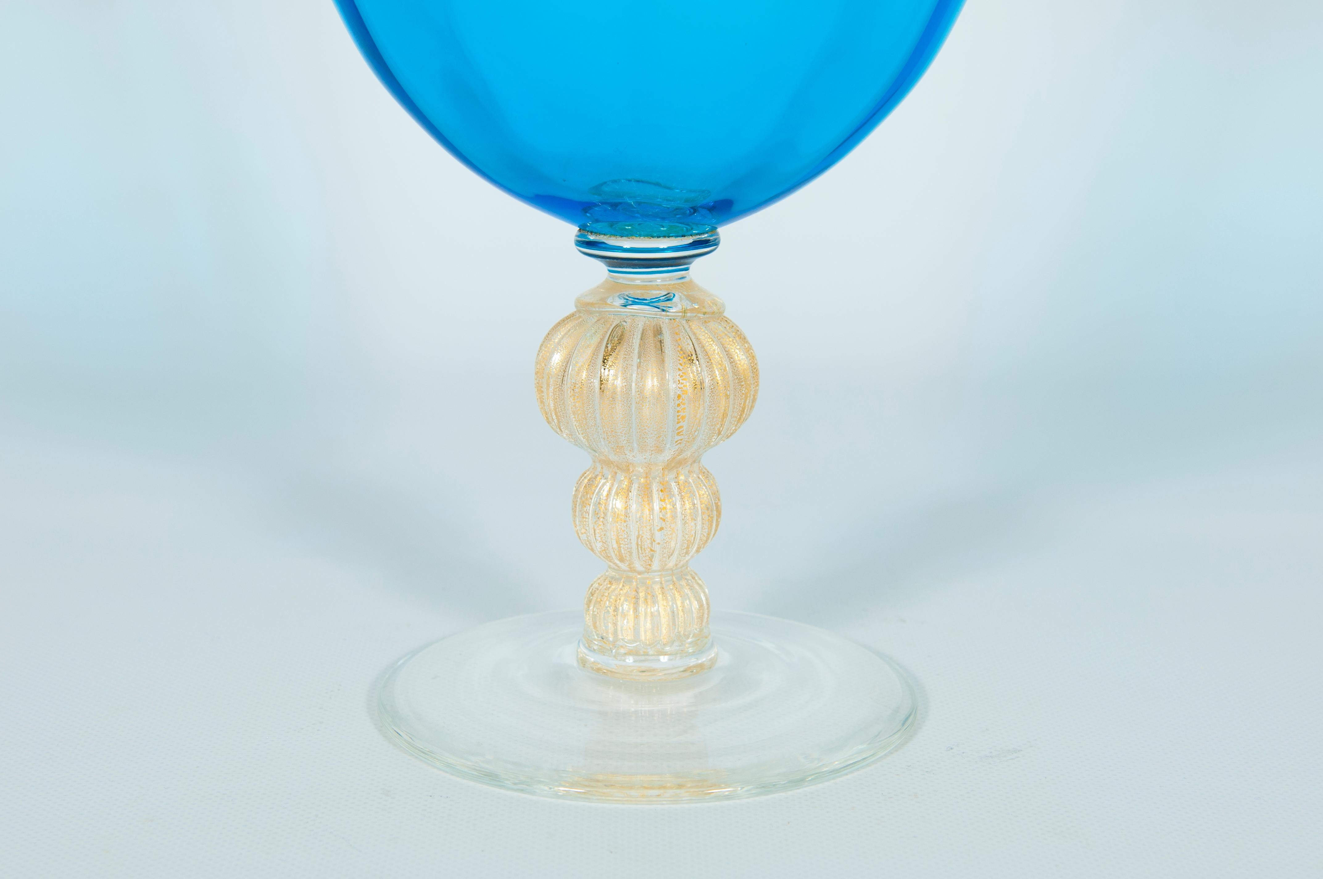 Hand-Crafted Mid-Century Modern Murano Stemware Glass with Gold Finishes, Blue Color, Italy