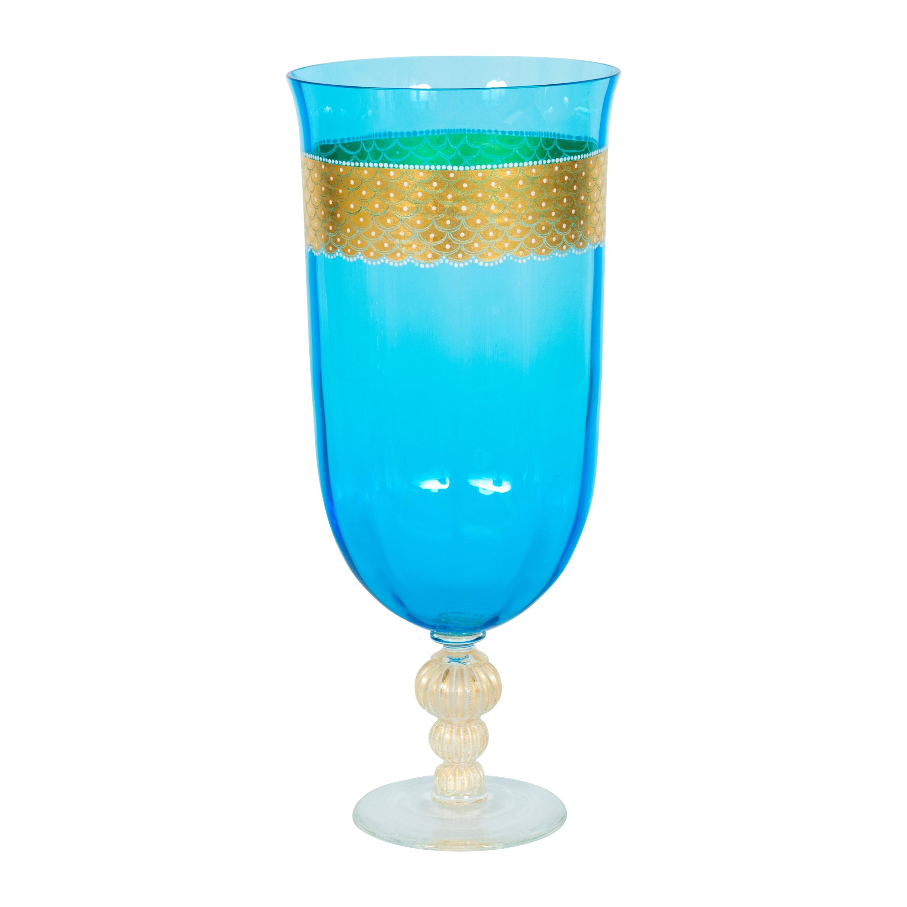Mid-Century Modern Murano Stemware Glass with Gold Finishes, Blue Color, Italy