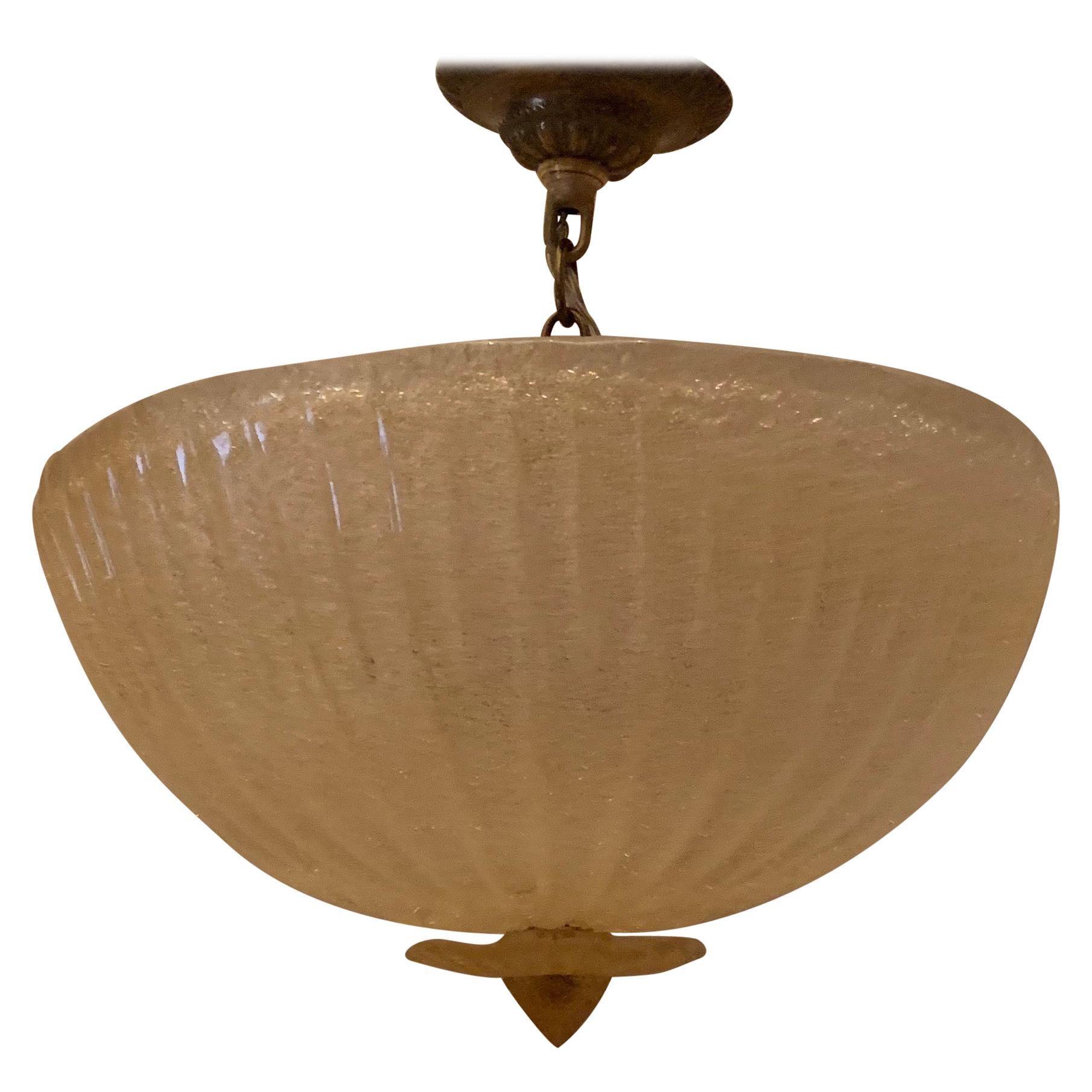 Mid-Century Modern Murano Venetian Art Glass Brass Semi Flush Pendent Fixture